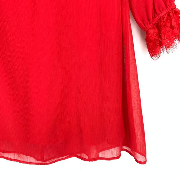 Xhilaration Women's Size Medium Sheer A-Line Dress Lace Trim Long Sleeve Red - Picture 4 of 6